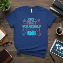 Blue t-shirt with "GO FACT YOURSELF" text and science-themed graphics like a brain, book, and magnifying glass