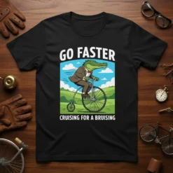 Go Faster Cruising For A Bruising text design with a cartoon alligator riding a penny-farthing bicycle