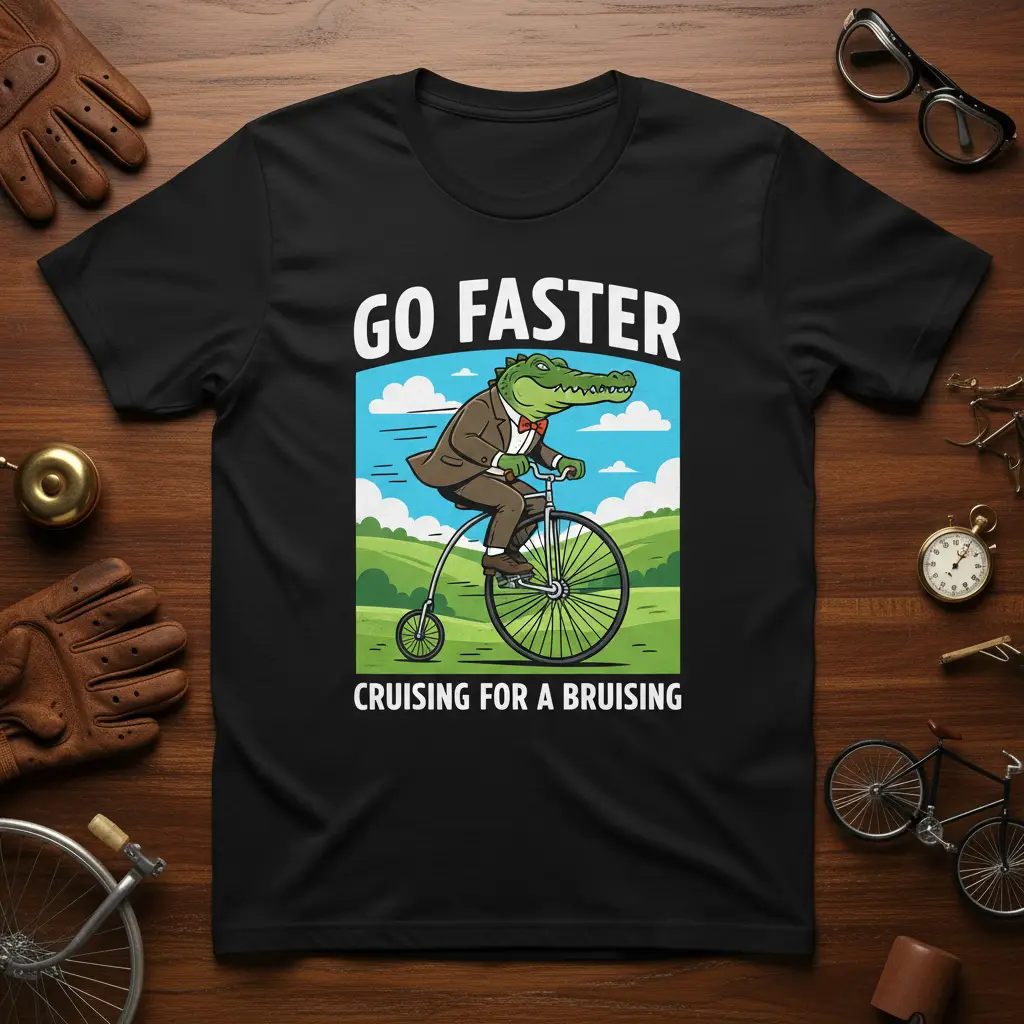 Go Faster Cruising For A Bruising humorous quote design with a cartoon alligator on a penny-farthing bicycle