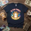Go Flufh Yourself funny cat t-shirt design with a cartoon cat giving the middle finger while sitting on a crescent
