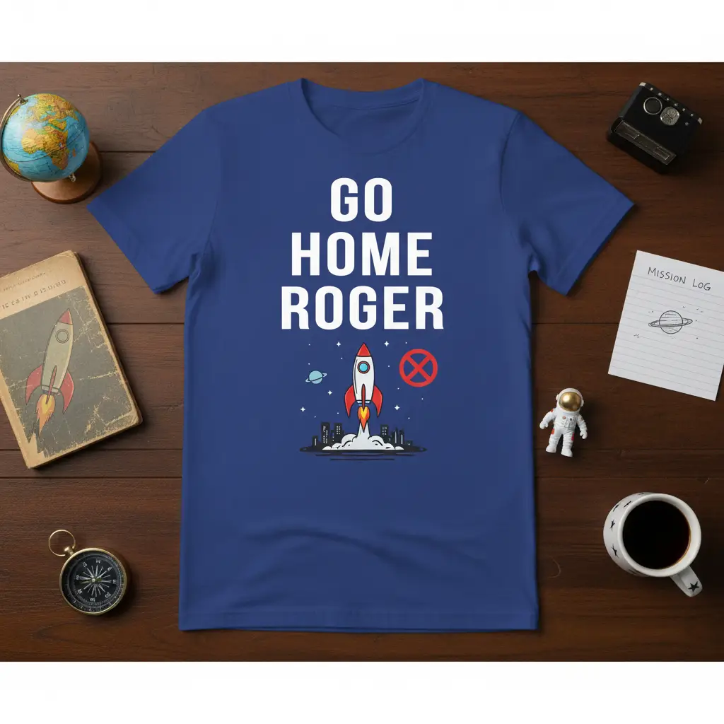 Go Home Roger text and rocket launch graphic on a blue t-shirt, ideal for space enthusiasts