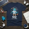 Navy t-shirt with "GO LANG SPACE EXPLORER" text and a blue astronaut bear graphic surrounded by planets and stars