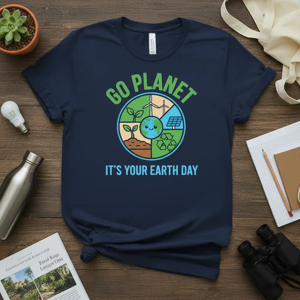 Go Planet It's Your Earth Day t-shirt design with cute planet graphic, wind turbines, solar panel, and recycling icons