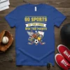 Go Sports Do The Thing Win The Points text on a blue t-shirt with sports graphics including football, soccer ball
