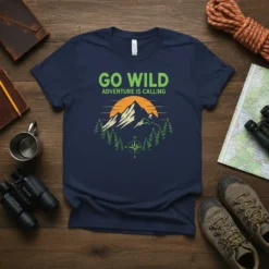 Navy blue t-shirt with "Go Wild Adventure Is Calling" text and a mountain landscape graphic with a compass