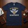 Navy t-shirt with gold and white text reading "GO TO CHURCH PRAY YOU CANT GUARD ME" and a shield with
