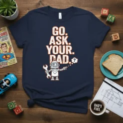 Navy blue t-shirt with white and orange text "GO. ASK. YOUR. DAD. ?" and a cartoon robot holding a wrench