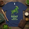 Navy t-shirt with "GOAT IRISH HERITAGE" text and a green Celtic knot goat graphic, featuring shamrocks