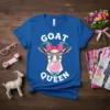 Goat Queen t-shirt design featuring a stylish goat wearing glasses and blowing bubblegum, with "GOAT QUEEN" text