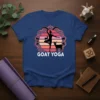 Goat Yoga t-shirt design featuring a silhouette of a person in a yoga pose with goats and a mandala pattern