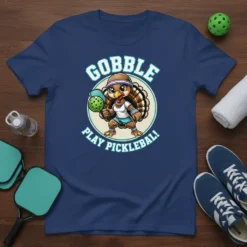 Gobble Play Pickleball text with a cartoon turkey holding a pickleball paddle and ball