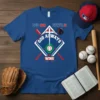 God Always Wins Baseball Christian T-Shirt featuring a baseball diamond, bats, and religious cross symbol