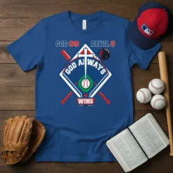 God Always Wins Baseball Christian T-Shirt featuring a baseball diamond, bats, and religious cross symbol