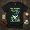 God Answers Prayers I'm 7 Years Lymphoma Cancer Free t-shirt with hands, butterflies, and green ribbon