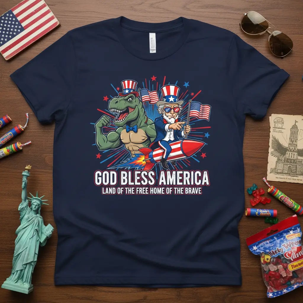 God Bless America Land of the Free Home of the Brave text with patriotic T-Rex and Uncle Sam graphic on a t-shirt