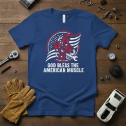 God Bless The American Muscle T-Shirt featuring pistons, gears, and the American flag motif