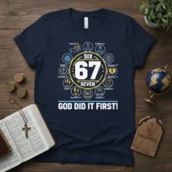 Navy t-shirt with "SIX 67 SEVEN GOD DID IT FIRST!" text and circular bible verse graphics, religious design