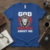 God Don't Play About Me Christian t-shirt with a lion graphic and shield. White and red text with a black