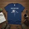 GOD FIRST BRO t-shirt with mountain and cross graphic design, white text and graphic on navy blue tee