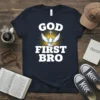 God First Bro Christian T-Shirt with dove and cross graphic, bold white text on navy blue shirt