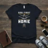 God First Homie t-shirt with text and handshake graphic, featuring a cross symbol