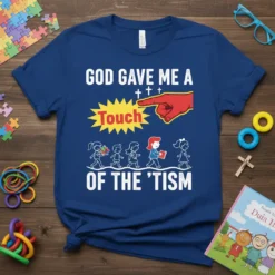 God Gave Me A Touch Of The 'Tism T-Shirt with text and graphic of children walking, featuring puzzle pieces