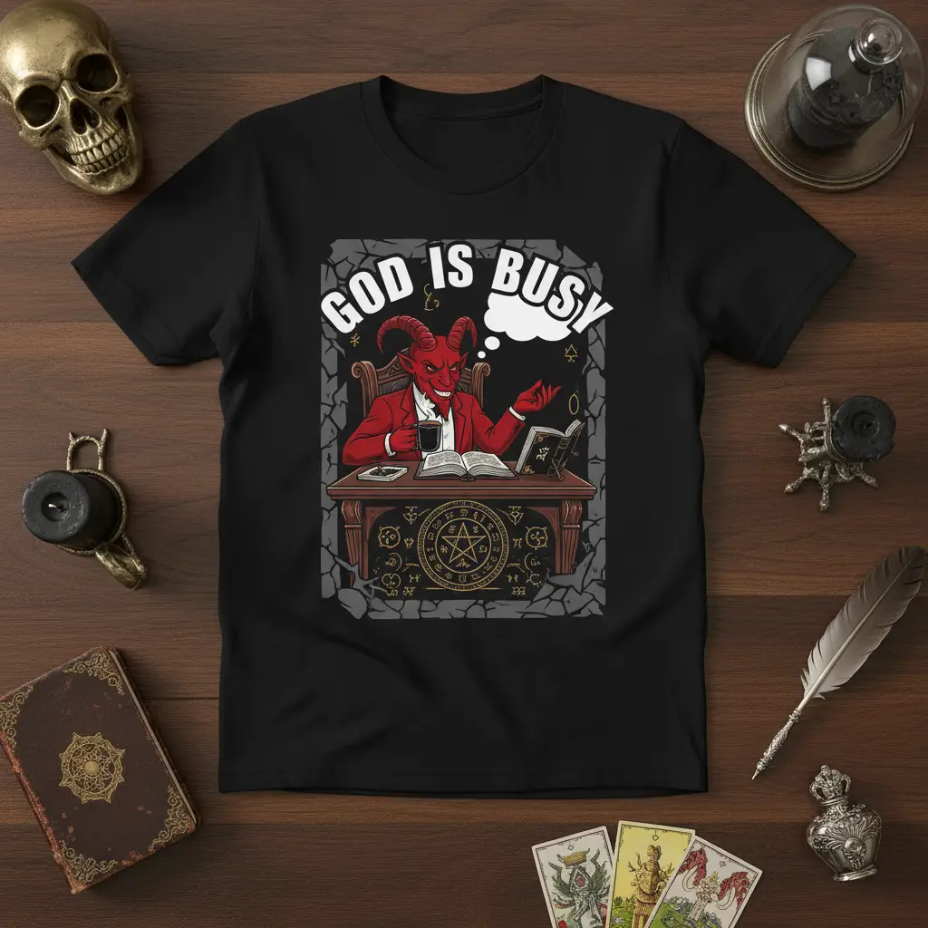 God Is Busy Devil T-Shirt Funny Occult Gift for Men
