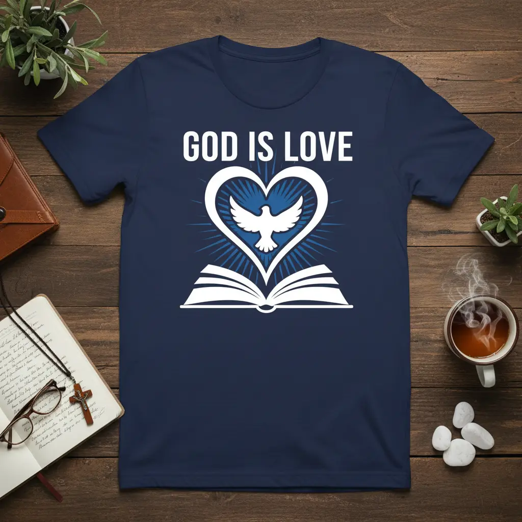 God Is Love Christian t-shirt design with dove, heart, and open book graphic