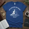 Blue t-shirt with white text "God Is Our Refuge And Strength Psalm 46:1" and a castle on a mountain design