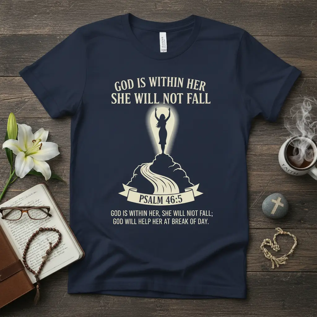 God Is Within Her She Will Not Fall Psalm 46:5 Bible verse tee with silhouette of woman on path