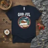 God Jul Christmas T-Shirt with Scandinavian winter cabin scene and reindeer graphic