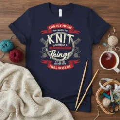 Navy t-shirt with "God Put Me On This Earth To Knit And Finish A Certain Number Of Things I'm So