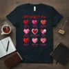 Dark t-shirt with "God Says I Am" text and nine hearts, each with a positive affirmation and scripture reference