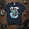 God Speed Christian biker t-shirt design featuring Jesus riding a motorcycle with wings and halo