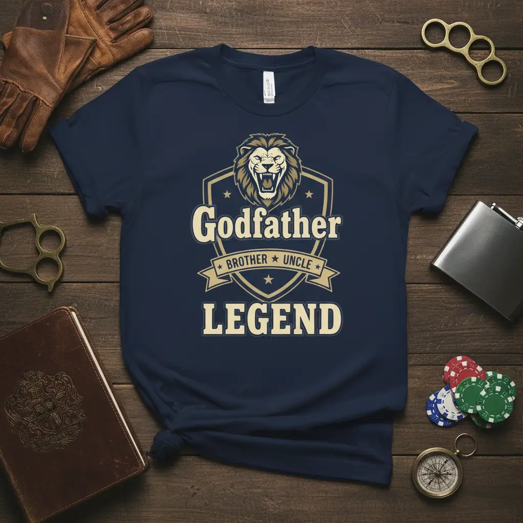 Godfather Brother Uncle Legend text with a roaring lion crest on a navy blue t-shirt