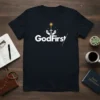 GodFirst/ t-shirt with white text, a cross, sun, and open hands graphic