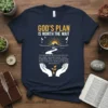 Navy t-shirt with "God's Plan Is Worth The Wait" quote and Jeremiah 29:11 scripture, featuring a sunrise and hands holding