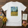 White t-shirt featuring "Gogh Outside." text with a Van Gogh-inspired sunflower field and starry night background design