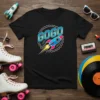 Black t-shirt with "GOGO" text and a retro rocket ship design in blue, pink, and yellow