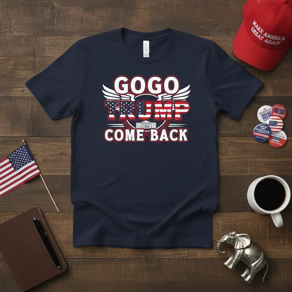 GOGO TRUMP COME BACK political t-shirt with American flag elements and White House graphic