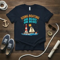 Going Boating Oh Buoy Oh Buoy text with lighthouse, sailboat, and buoy graphic on navy t-shirt