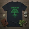 Golani 1948 text above a green tree graphic with roots on a navy t-shirt
