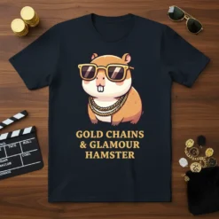 T-shirt design featuring a cartoon hamster wearing sunglasses and gold chains with text "GOLD CHAINS & GLAMOUR HAMSTER"