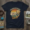 Golden Retriever Dad t-shirt design featuring a dog giving a fist bump to a human hand, with retro sunset colors