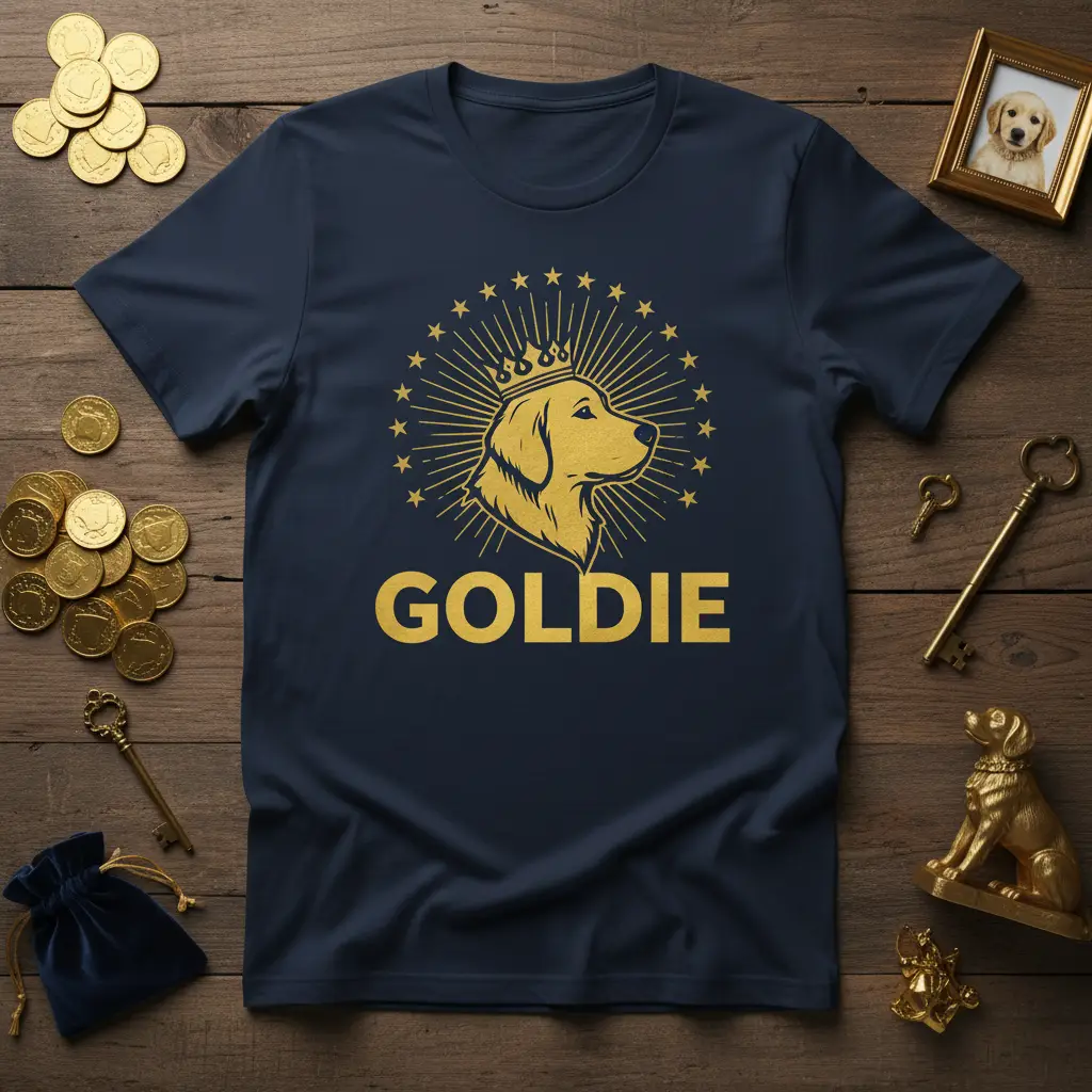 Navy t-shirt featuring the word GOLDIE and a regal golden retriever wearing a crown graphic