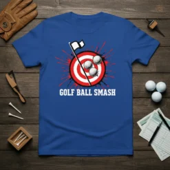 Golf Ball Smash t-shirt design with target, golf balls, and flag graphic