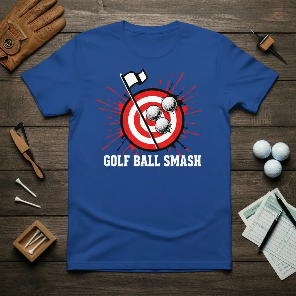 Dynamic Golf Ball Smash t-shirt design featuring target, golf balls, and flag graphic