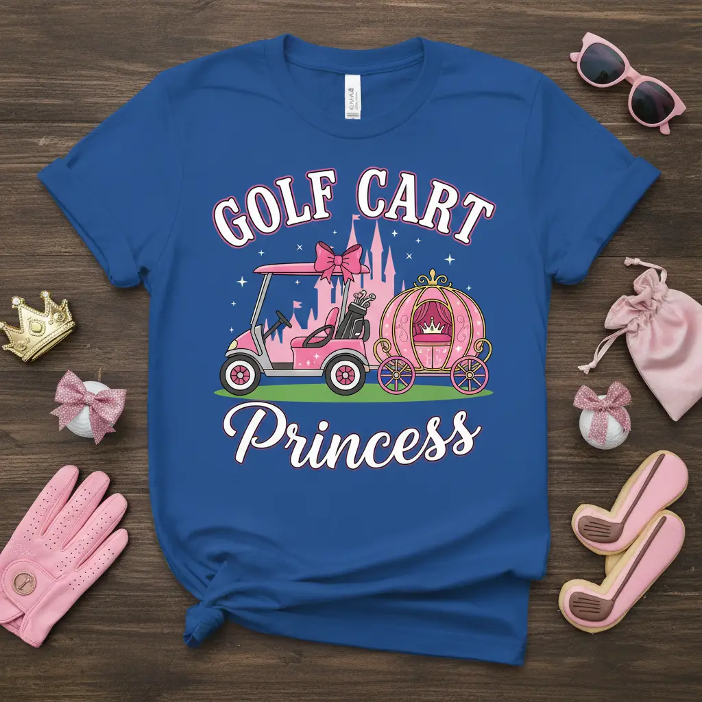 Golf Cart Princess text and graphic on a royal blue t-shirt, featuring a pink golf cart and carriage