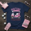 Golf Cart Princess t-shirt design featuring a pink golf cart adorned with bows and crowns