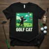 Black cat wearing a yellow visor swings a golf club on a green course with the text GOLF CAT below